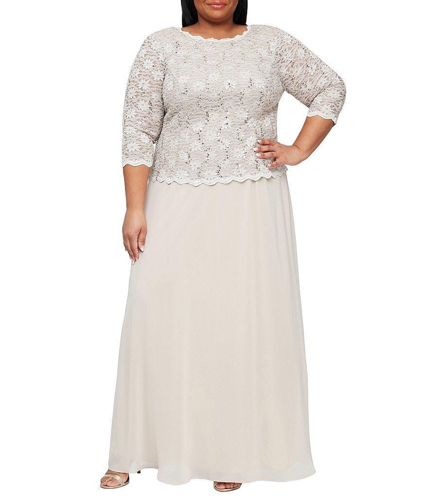 Alex Evenings Plus Size Crew Neck 3/4 Sleeve Sequin Lace Scalloped Hem Bodice Chiffon Skirted Dress Product Image