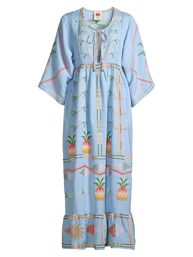 Womens Pineapple-Embroidered Linen-Blend Maxi Dress Product Image