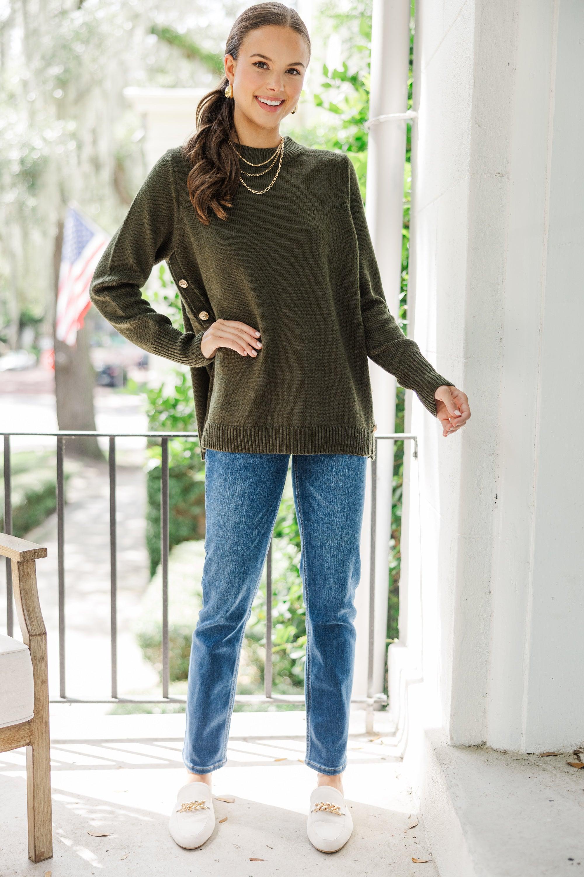 The Slouchy Olive Green Side Button Sweater Female Product Image