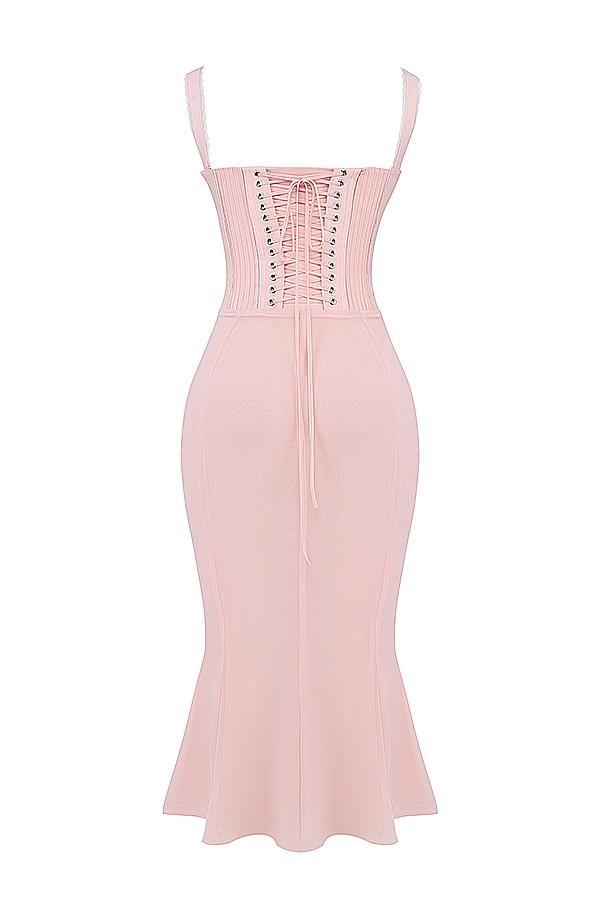 Syrah Soft Peach Lace Back Midi Dress Product Image