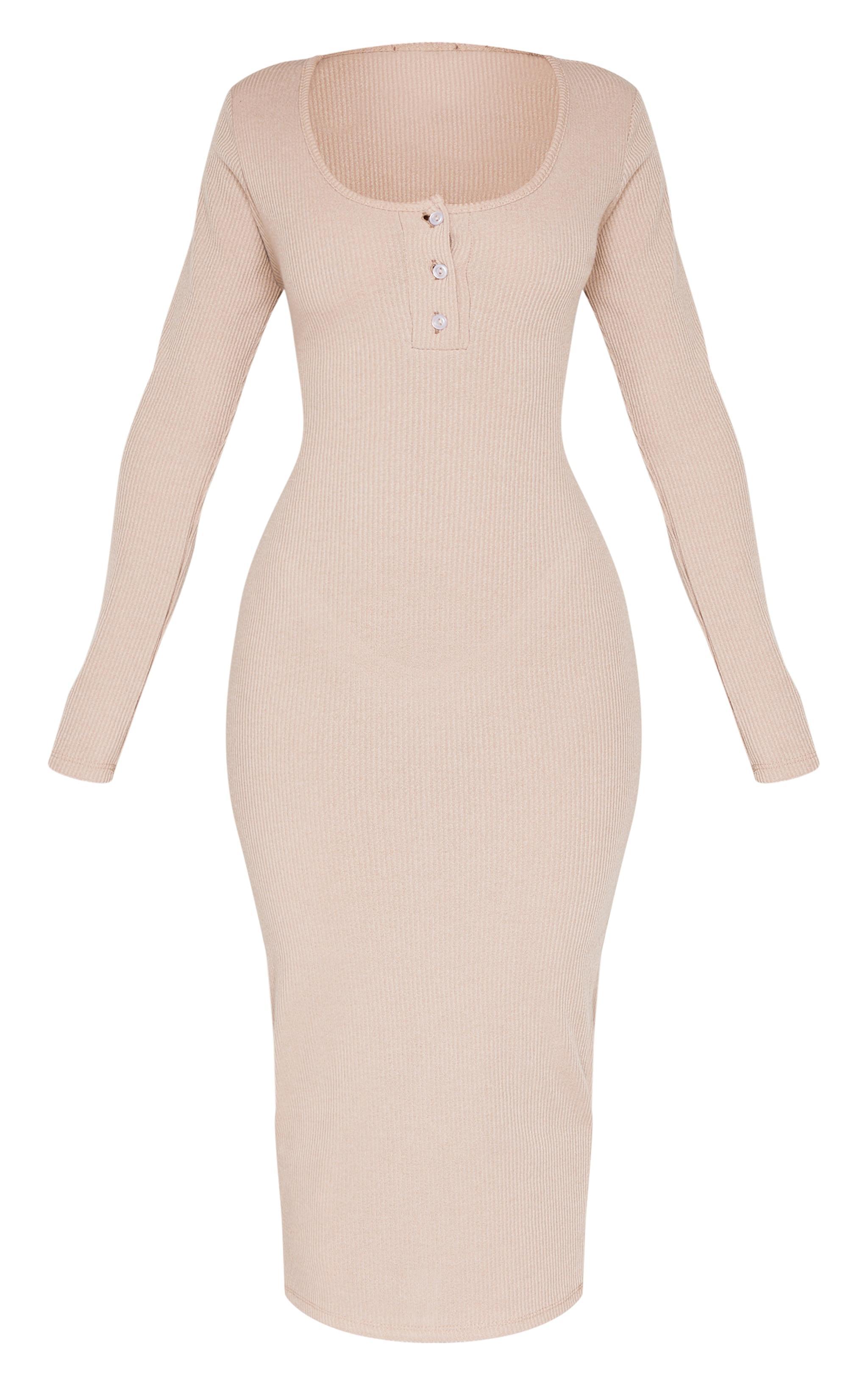 Petite Taupe Long Sleeve Brushed Rib Button Detail Midi Dress Product Image