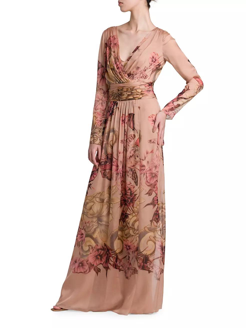 Gathered Floral Silk Maxi Dress Product Image