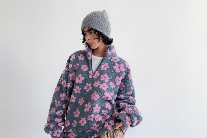 Floral Fleece Half-Zip Loose-Fit Sweatshirt Product Image