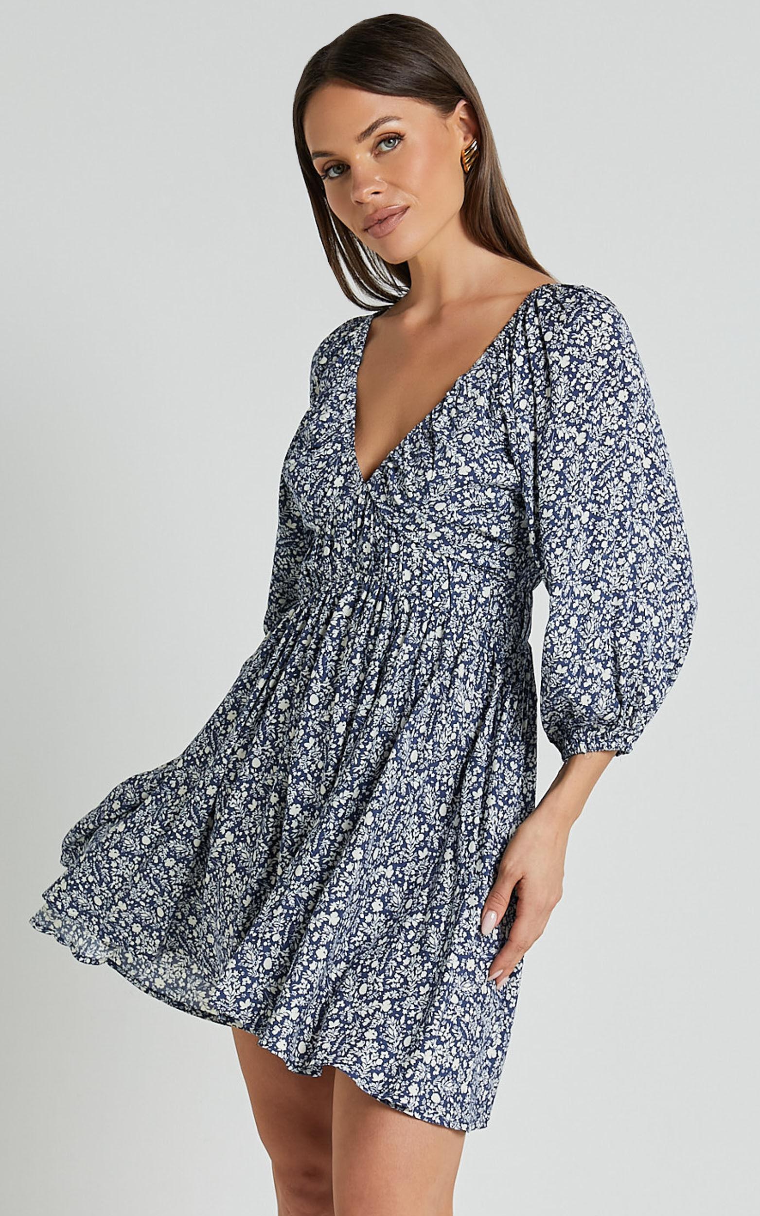 Chereena Mini Dress - Plunge Neck Raglan 3/4 Sleeve Smock Dress in Blue Floral product image