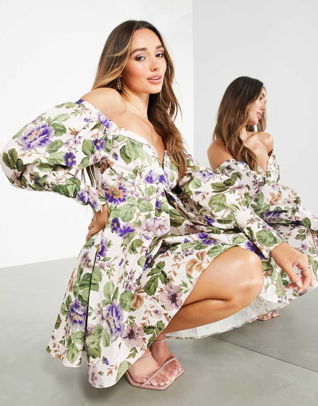 ASOS EDITION off shoulder mini dress in floral print Product Image