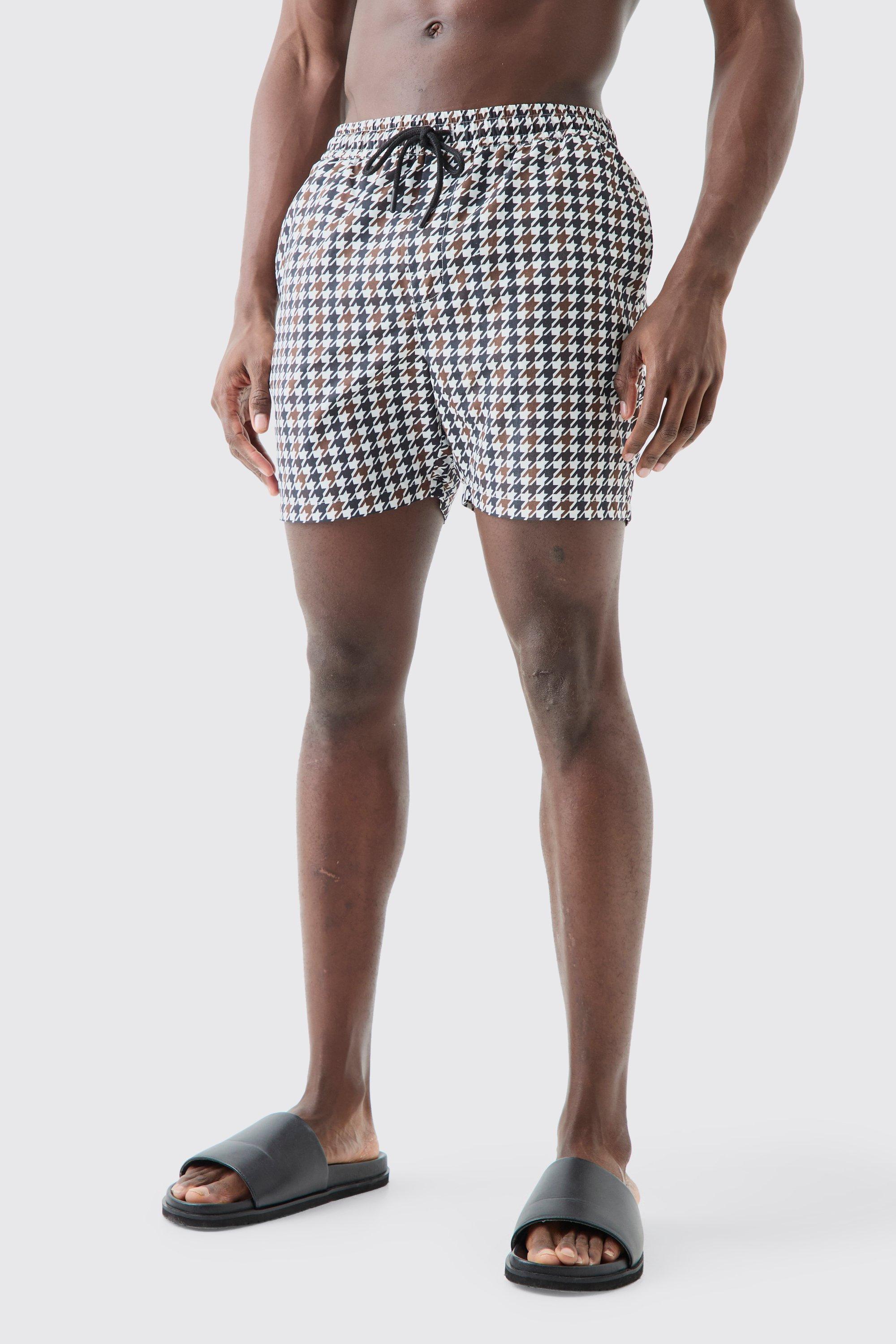 Mid Length Dogstooth Swim Trunks | boohooMAN USA Product Image