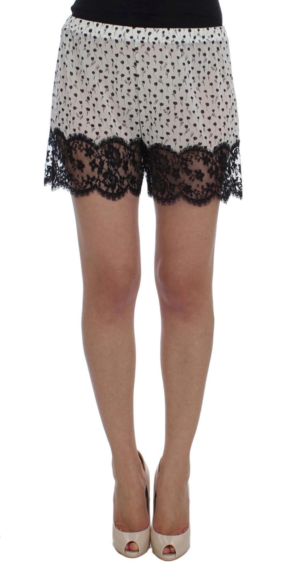 DOLCE & GABBANA White Black Floral Lace Silk Sleepwear Shorts Product Image