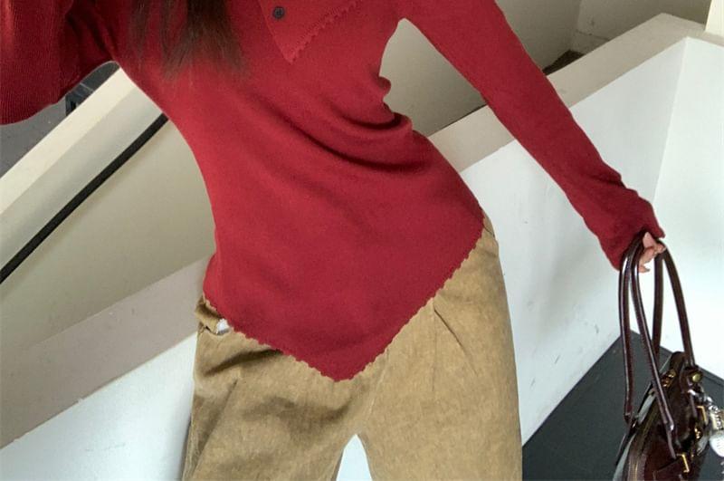 Long-Sleeve Off-Shoulder Plain Asymmetrical Knit Top Product Image