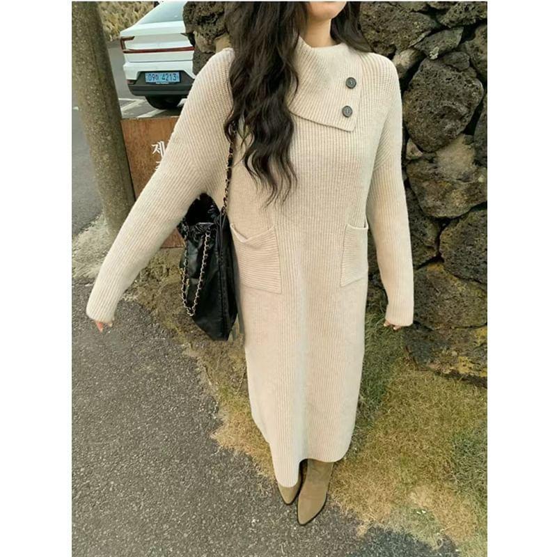 Long-Sleeve High Neck Plain Ribbed Midi Knit Dress product image