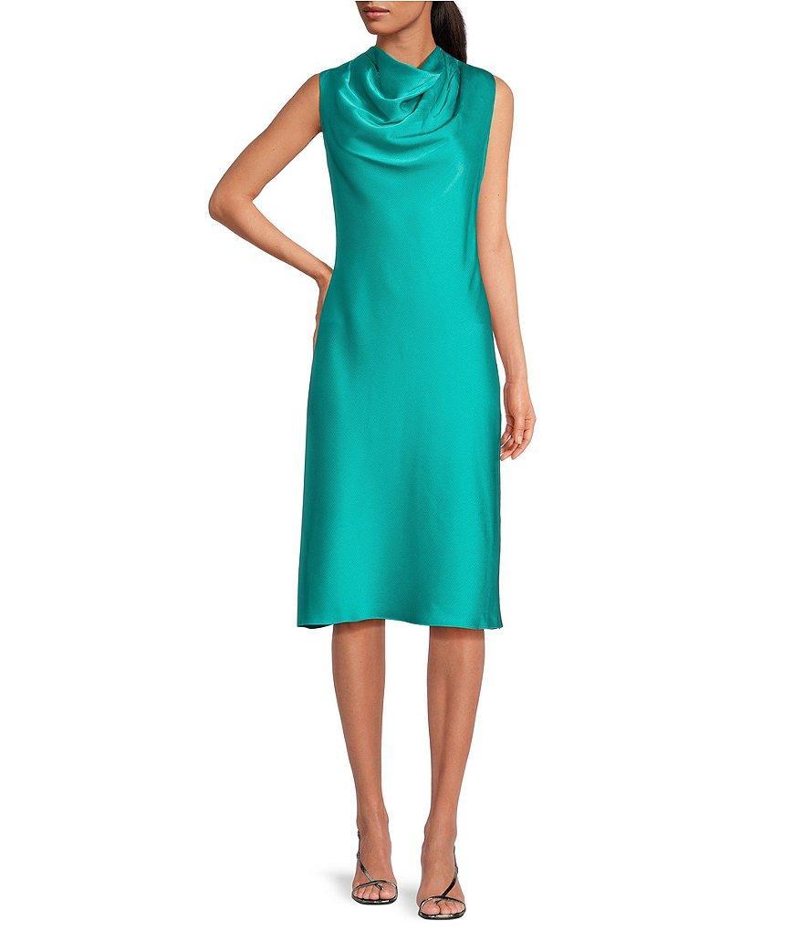 Trina Turk Ulani Satin Drape Funnel Neck Sleeveless Sheath Dress Product Image