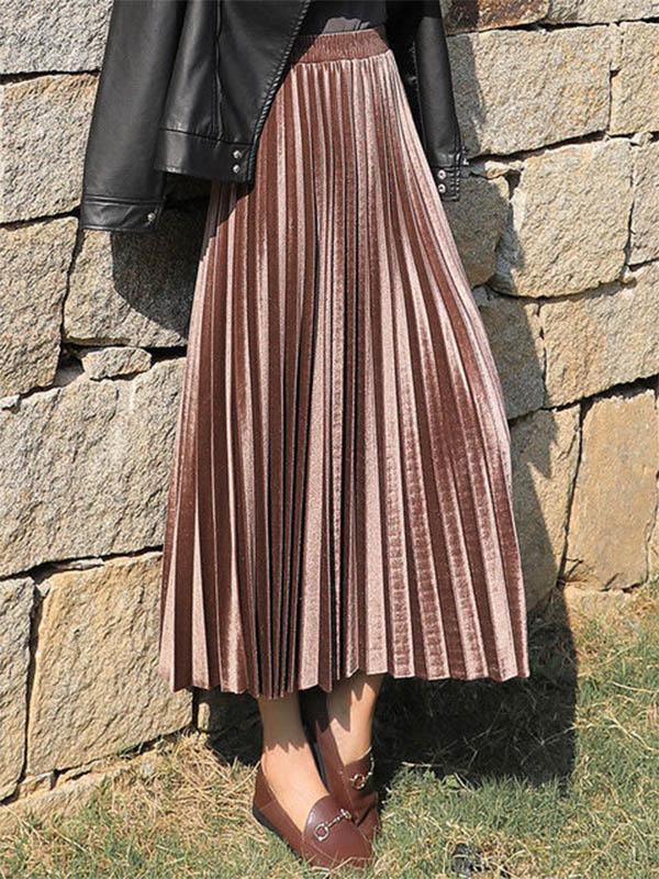 Solid Color High-Waist Pleated A-Line Skirt Product Image