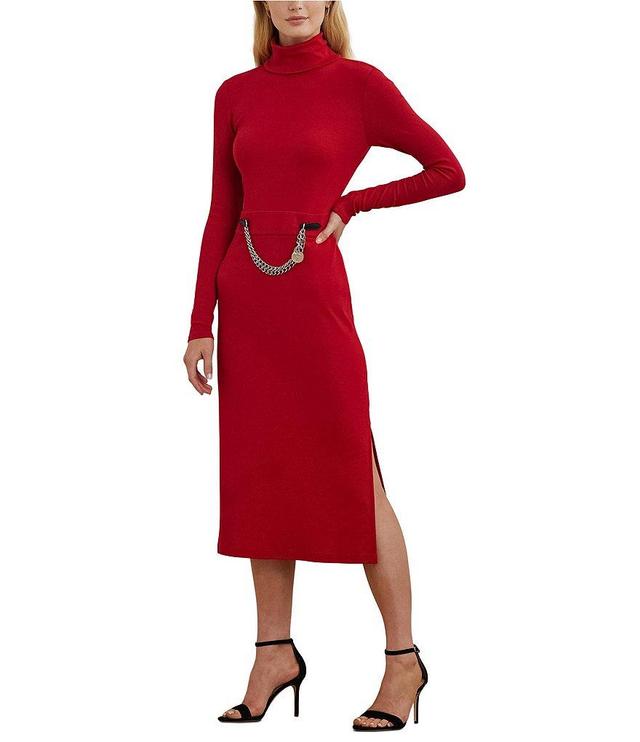 Lauren Ralph Lauren Turtleneck Chain Belt Trim Long Sleeve Knit Midi Dress Product Image