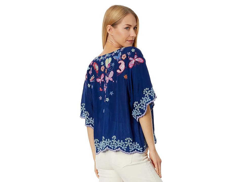 JOHNNY WAS Bellona Floral and Butterfly Embroidered Motif Soft Woven Boat Neck Short Sleeve Top -  M Product Image