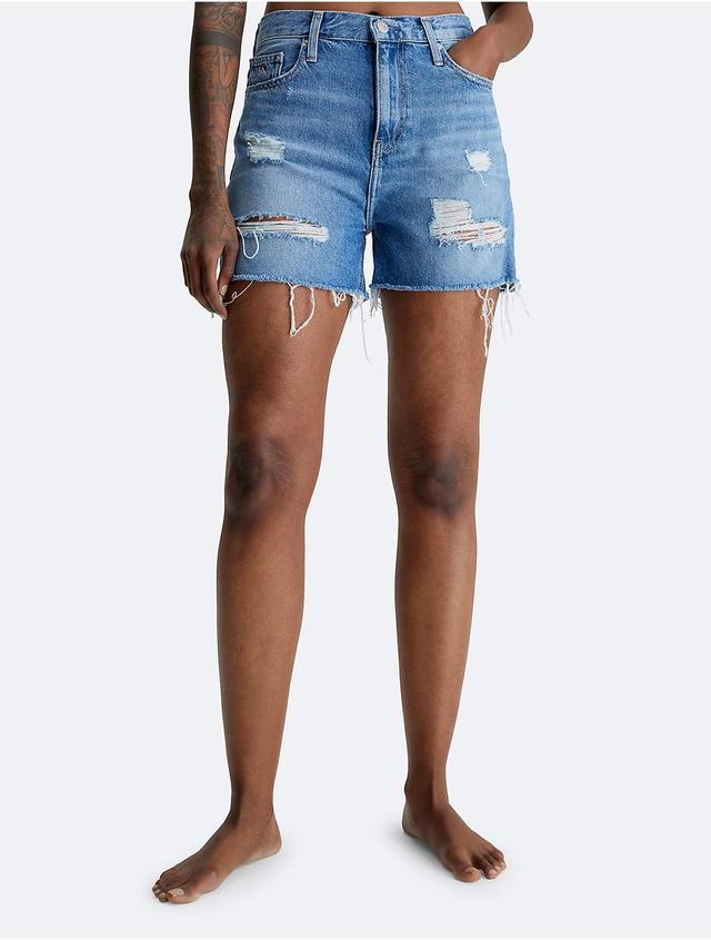 Calvin Klein Womens Distressed Denim Mom Shorts - Blue - 26 Product Image