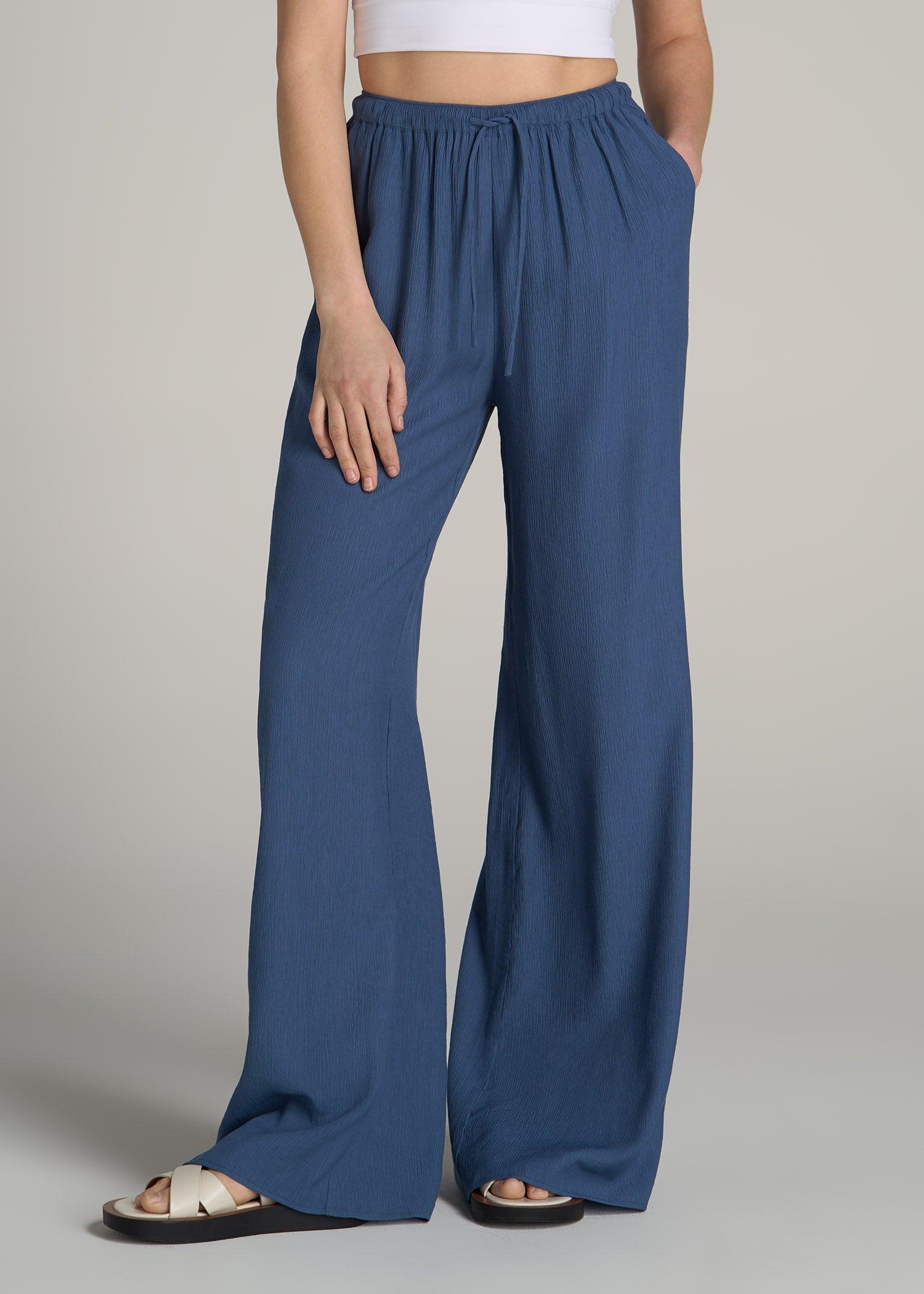 Crinkle Pull-on Wide-leg Pants for Tall Women in Steel Blue Product Image