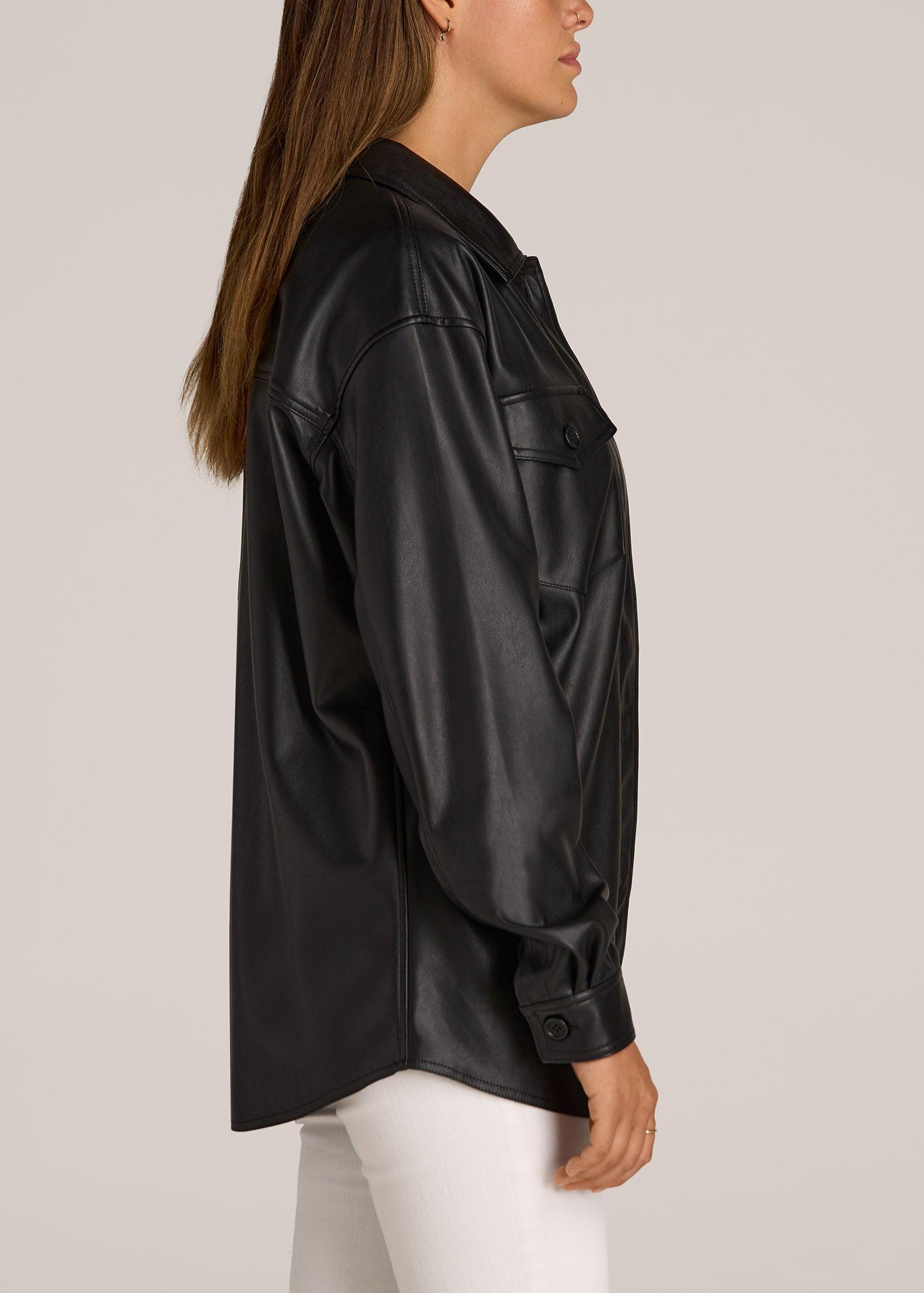 Faux Leather Shirt Jacket for Tall Women in Black Product Image