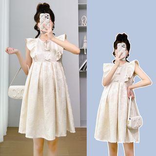 Maternity Cap-Sleeve Round Neck Jacquard Bow A-Line Dress Product Image