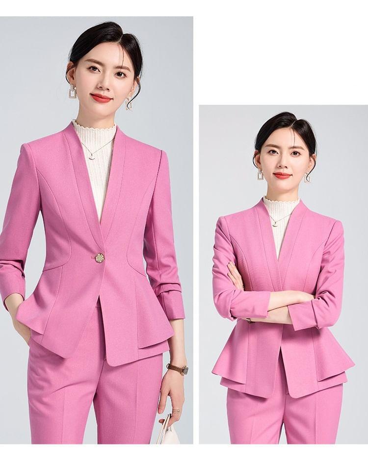 Set: Collarless Plain Single Breasted Blazer + Mid Rise Plain Slacks Product Image