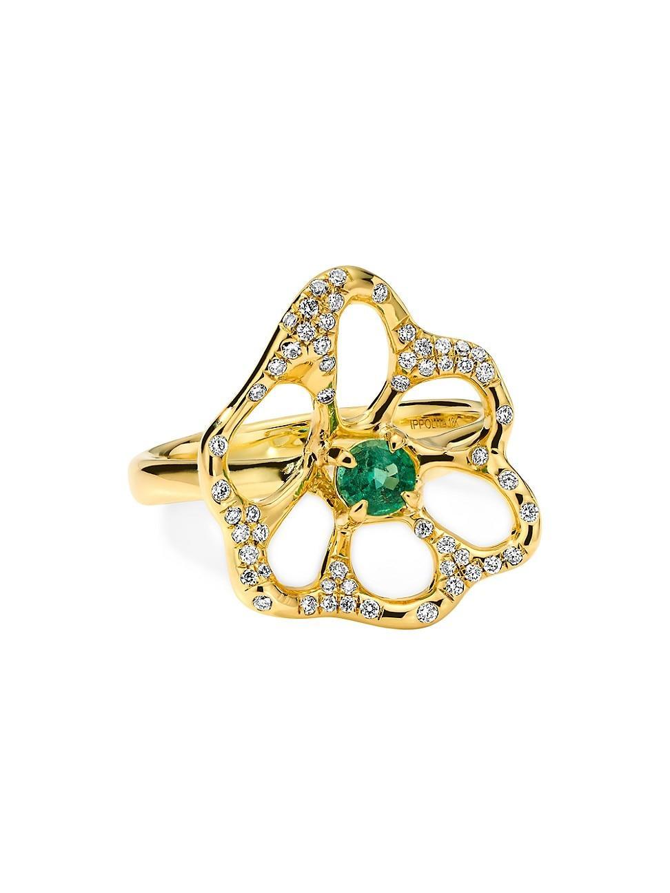 Womens Stardust 18K Yellow Gold, Emerald & 0.21 TCW Diamond Medium Flower Ring Product Image