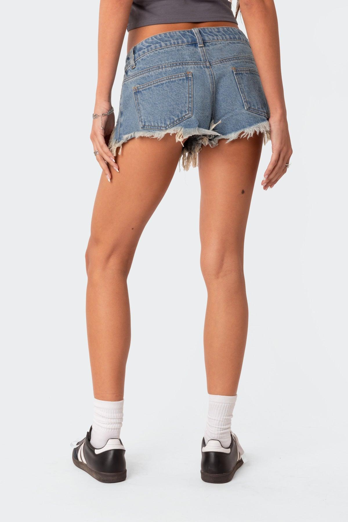 Low Rise Distressed Micro Denim Shorts Product Image