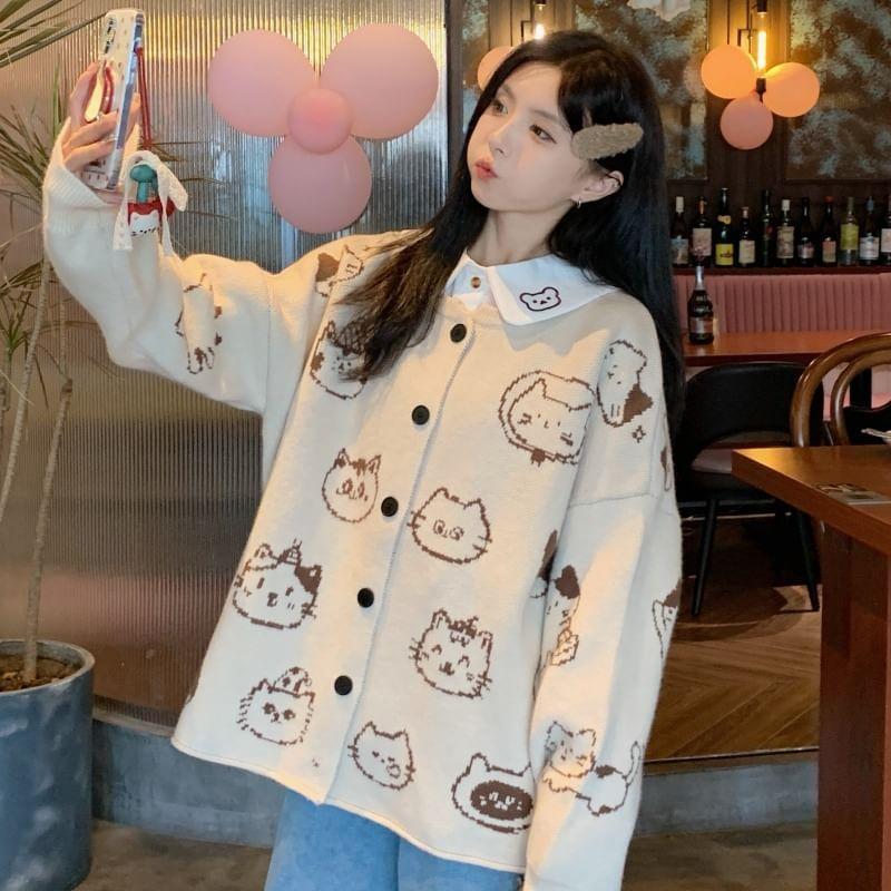 Long-Sleeve Cat Embroidery Shirt / Button-Up Cardigan / High Rise Wide Leg Pants Product Image