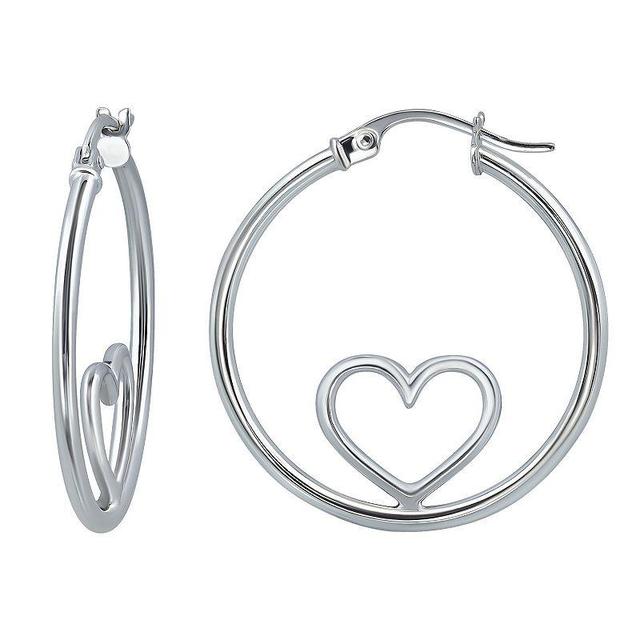 Aleure Precioso Sterling Silver Open Heart Center Hoop Earrings, Womens, Silver Tone Product Image