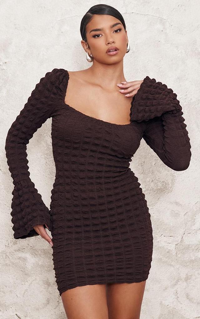 Chocolate Textured Flare Sleeve Bodycon Dress Product Image