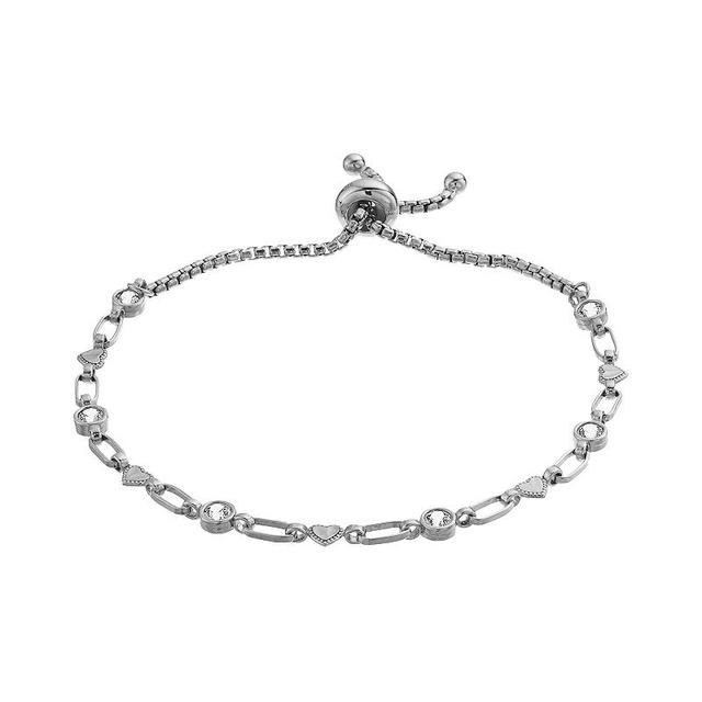 Kristen Kesho Sterling Silver Lab-Created White Sapphire & Heart Link Adjustable Bolo Bracelet, Womens Product Image