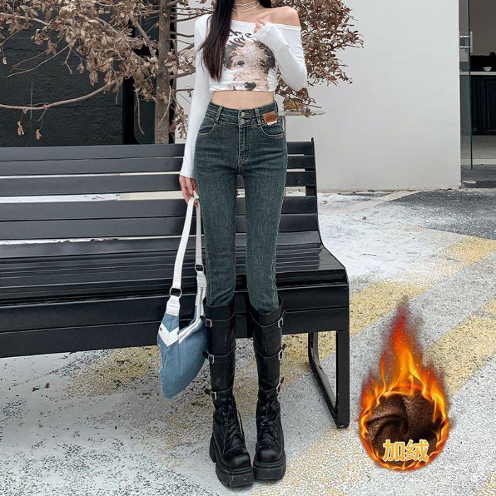 High Rise Washed Applique Skinny Jeans Product Image