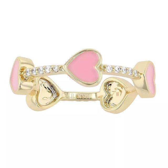 Gold Tone Cubic Zirconia Pink Enamel Heart Stacking Ring, Womens Gold Tone Pink Product Image