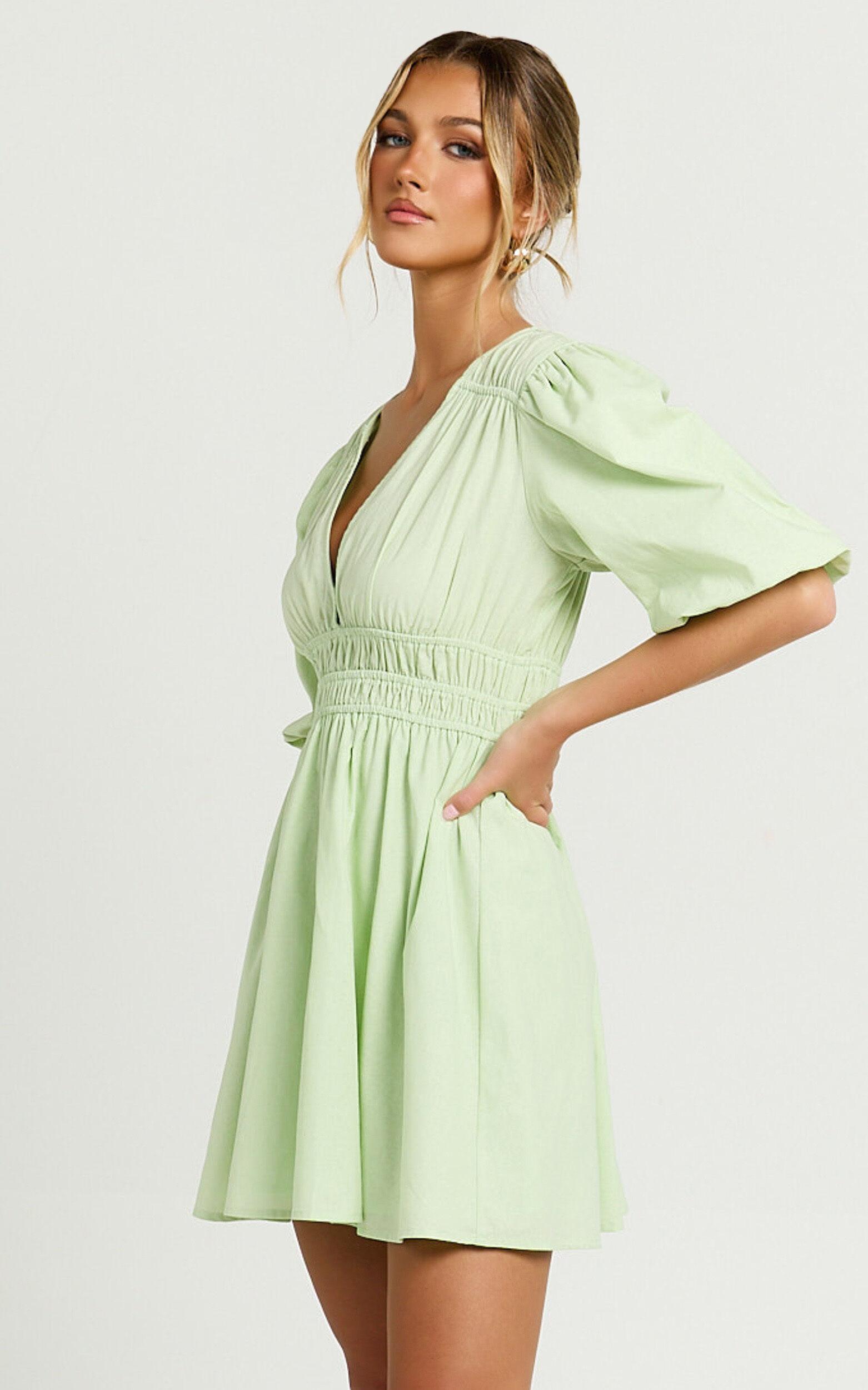 Francesca V Neck Puff Sleeves Mini Dress in Green Product Image