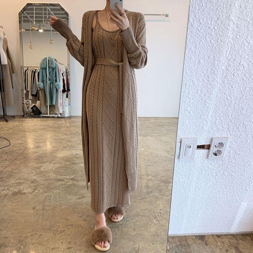 Spaghetti Strap Scoop Neck Plain Cable Knit Slit Maxi Sheath Dress / Long Cardigan / Belt / Set Product Image