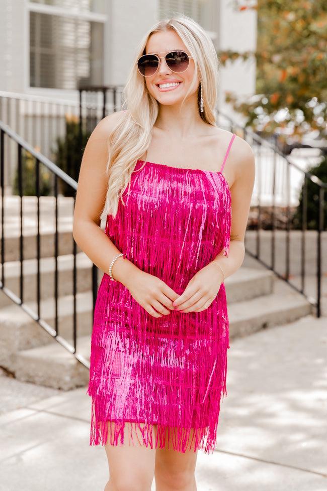 Just Ask Me Pink Sequin Fringe Tank Mini Dress FINAL SALE Product Image