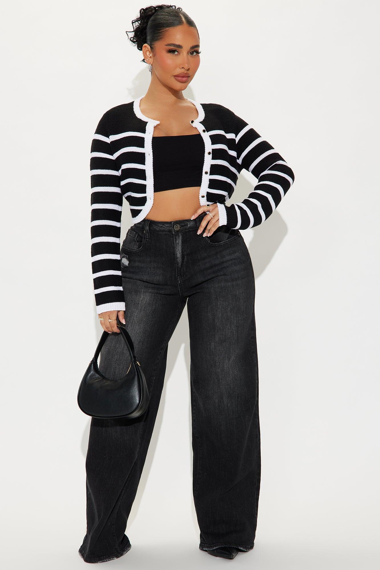 Nantucket Striped Cropped Cardigan - Black/White Product Image