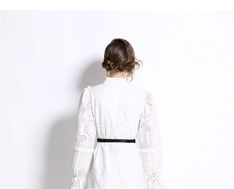 Long Sleeve Stand Collar Plain Embroidered Eyelet Ruffle Button Midi A-Line Dress Product Image