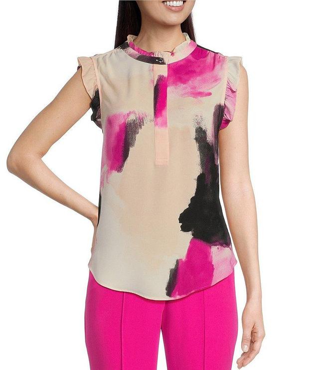 DKNY Georgette Printed Banded Collar Sleeveless Ruffle Trim Shirt Product Image