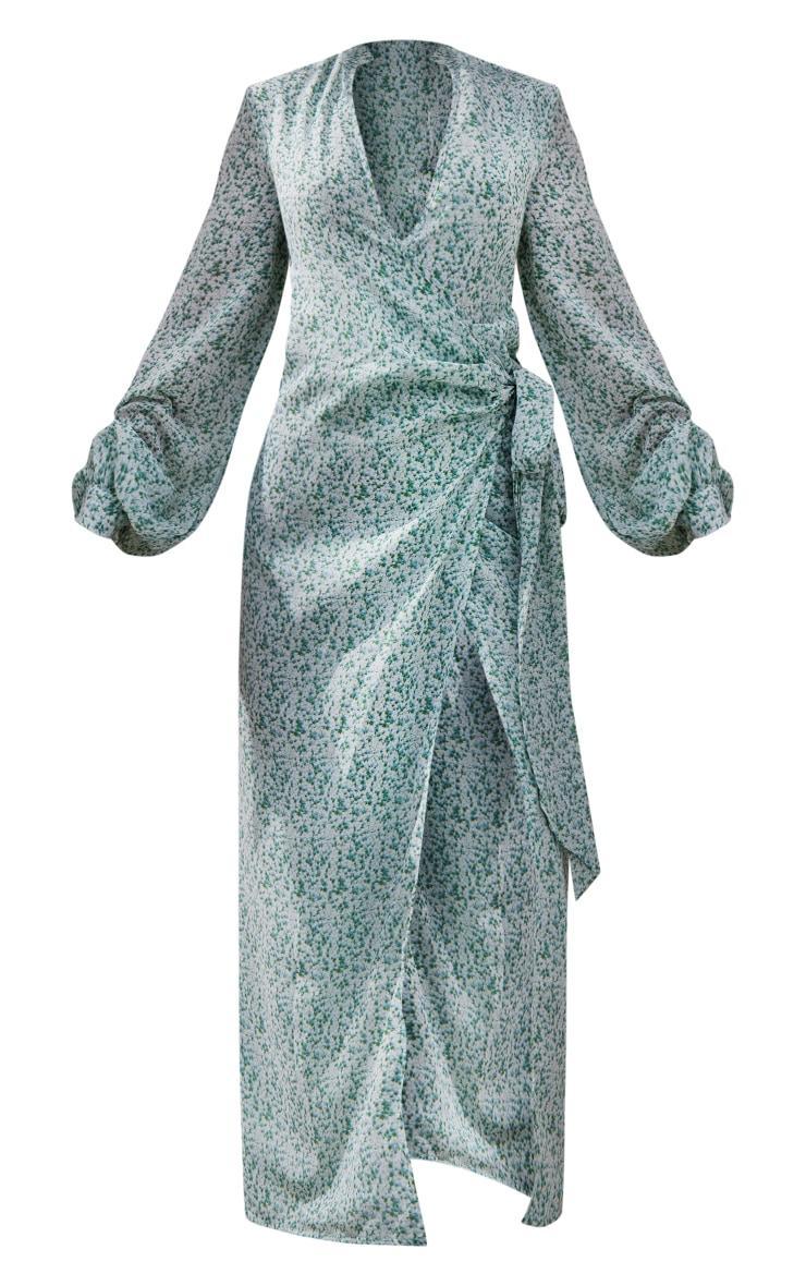 Green Ditsy Floral Satin Wrap Midaxi Dress Product Image