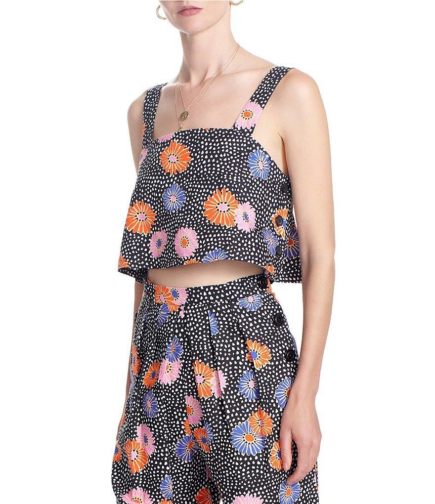 COREY LYNN CALTER Indigo Floral Print Straight Neckline Sleeveless Crop Top Product Image