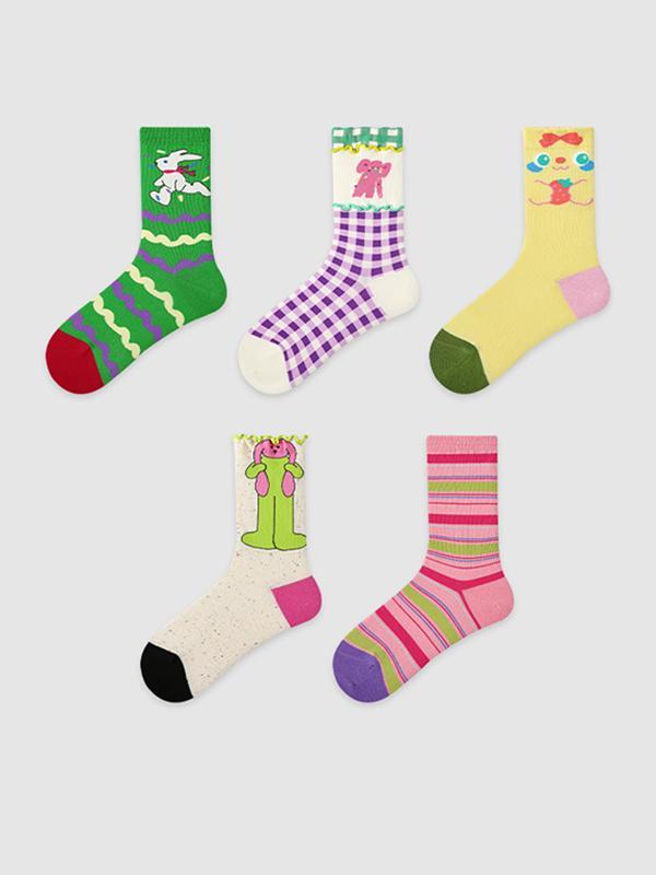 Contrast Color Elasticity Plaid Split-Joint Striped Socks Socks Accessories 5 Pairs Product Image