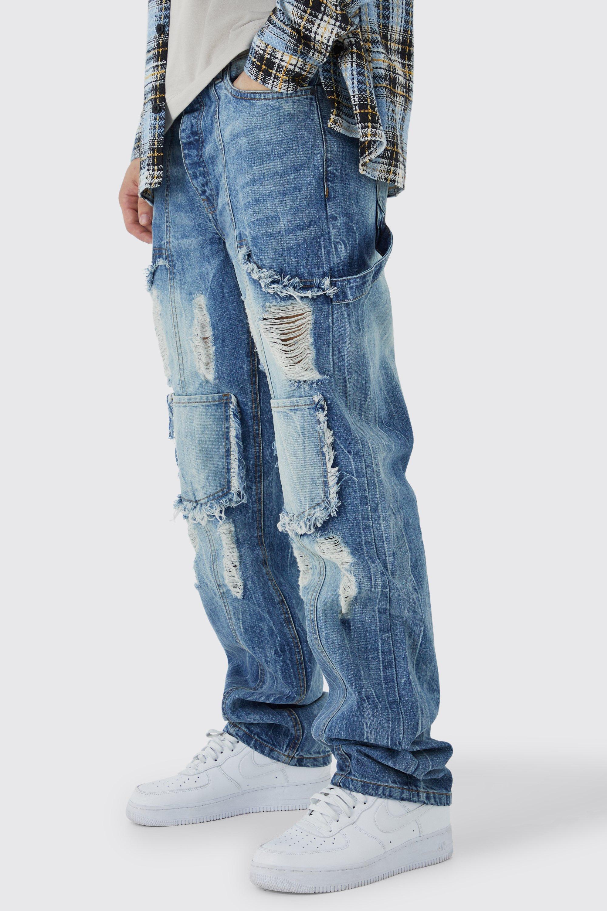 Mens Blue Tall Relaxed Rigid Ripped Carpenter Cargo Jean, Blue Product Image