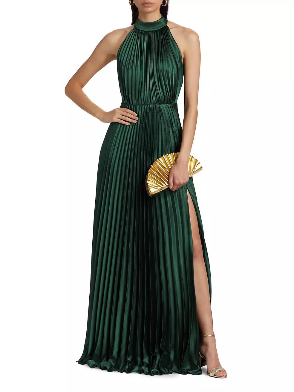 Jacqueline Satin Pleated Halter Gown Product Image