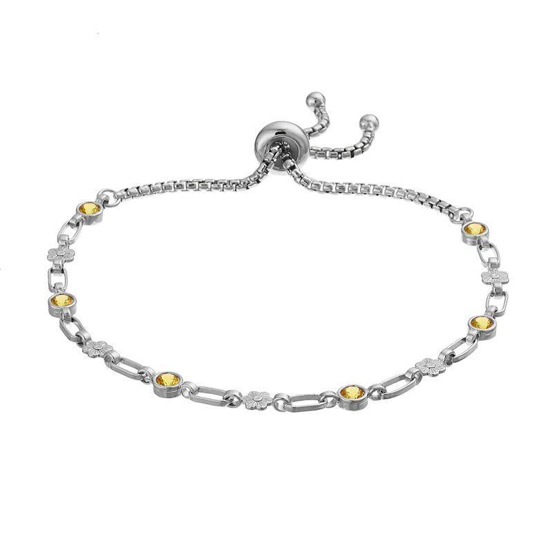 Kristen Kesho Sterling Silver Lab-Created Yellow Sapphire & Flower Link Adjustable Bolo Bracelet, Womens Product Image