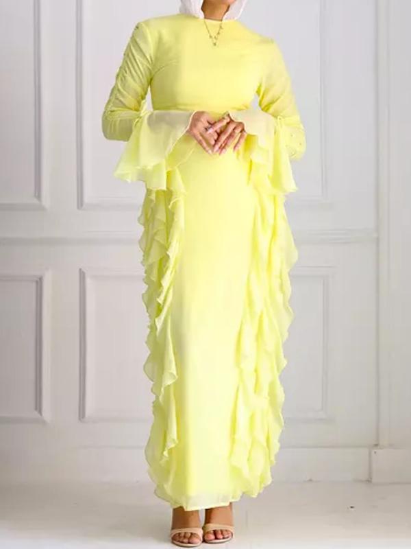 Long Sleeves Loose Falbala Solid Color Round-Neck Maxi Dresses Product Image