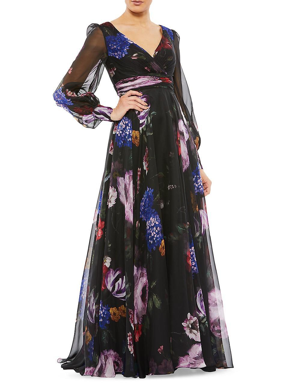 Mac Duggal Floral Long Sleeve Chiffon A-Line Gown Product Image