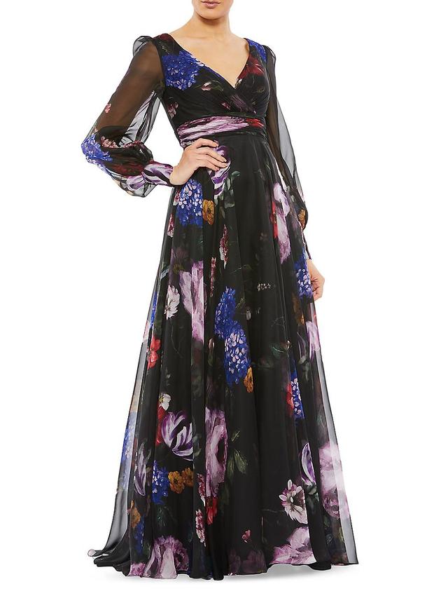 Womens Long Sleeve Floral Chiffon Gown Product Image