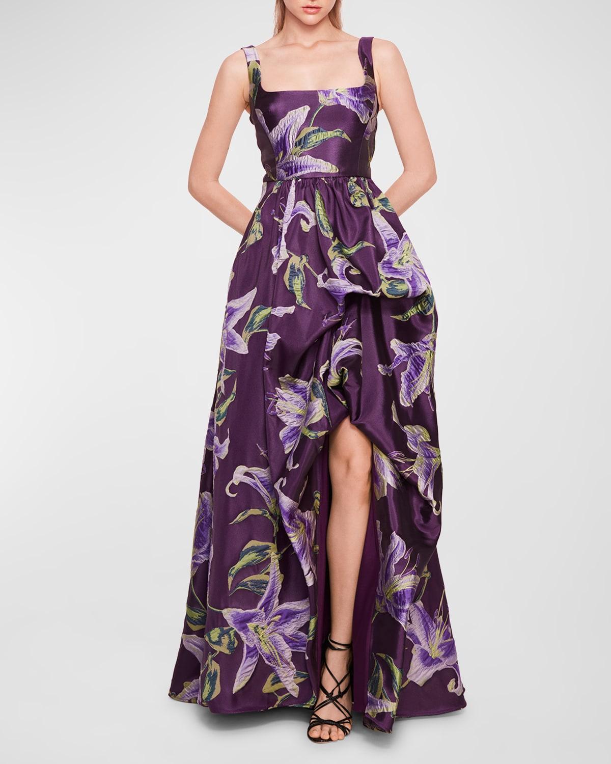 Square-Neck High-Low Floral Jacquard Gown Product Image