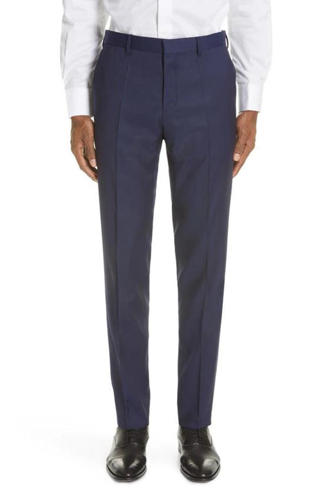 Genius Slim-fit Micro-checked Super 130s Virgin Wool Trousers In Navy Product Image