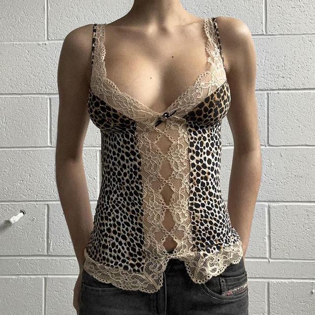 V-Neck Lace Panel Leopard Print Slim-Fit Cami Top Product Image