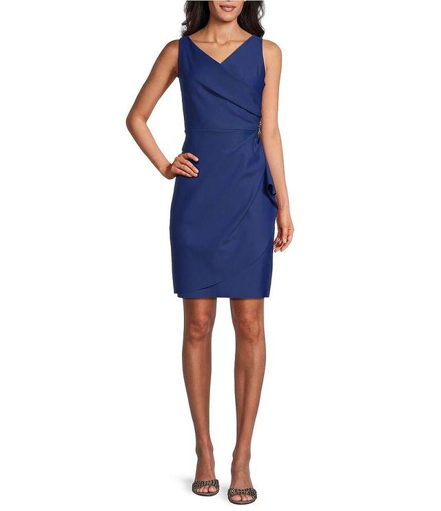 Alex Evenings Petite Size Sleeveless V-Neck Cascade Ruffle Beaded Detail Scuba Crepe Sheath Dress Product Image