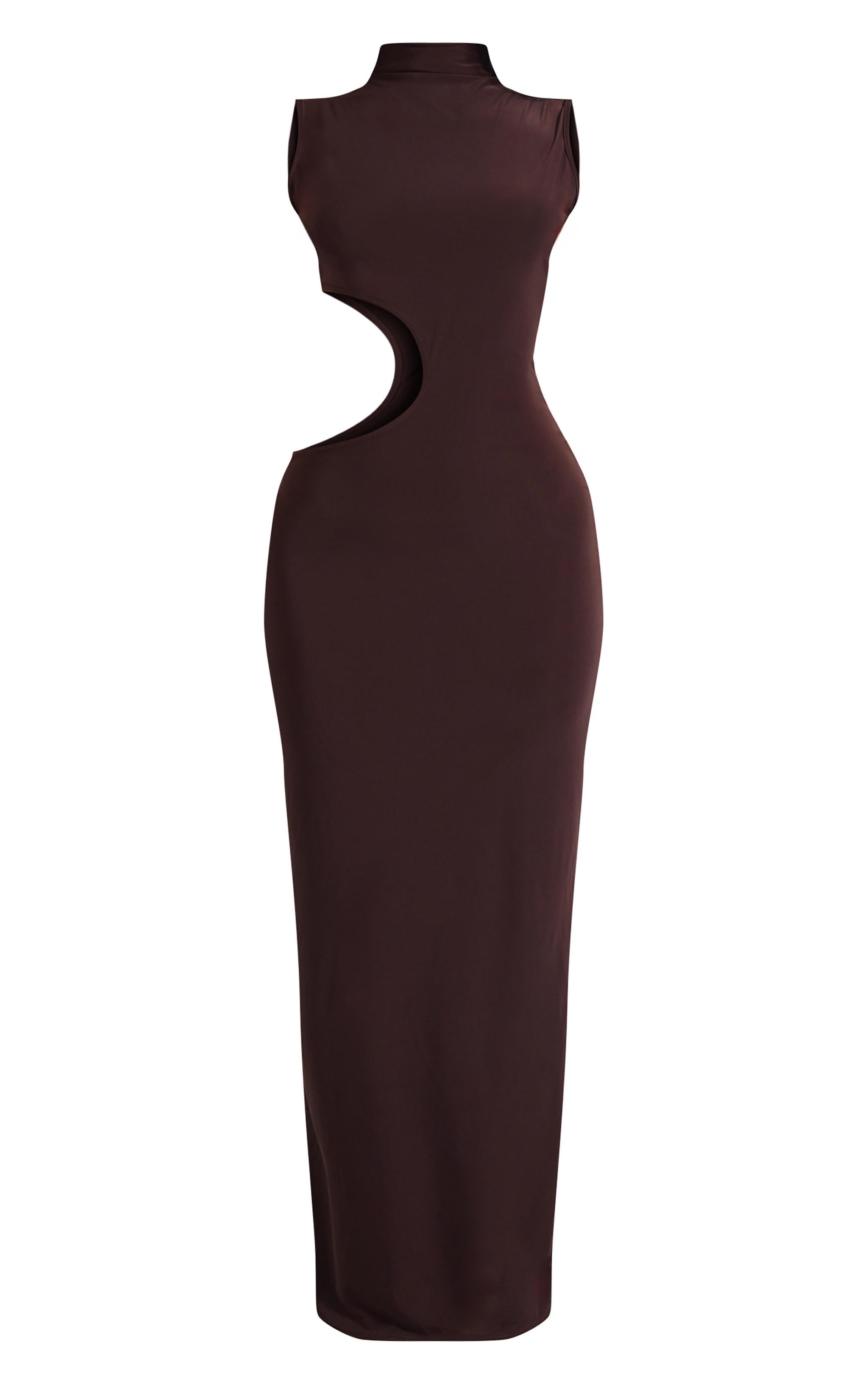 Petite Chocolate Bodycon Slinky Cut Out Maxi Dress Product Image